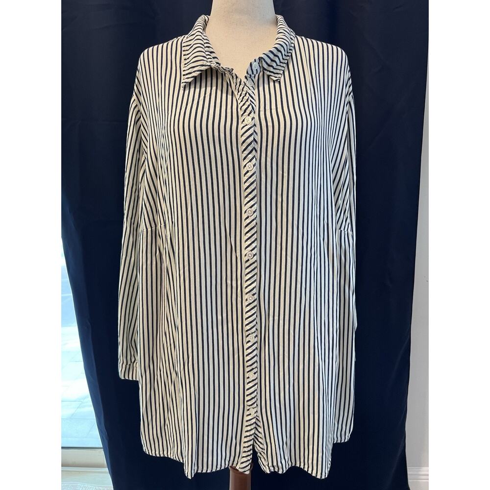 ULLA POPKEN Tunic Top Women 28/30(5X) White-blue Long Sleeve Stretch Luxury Soft